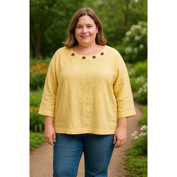 Choices Woman Plus Size 100% Linen Yellow 3/4 Sleeve wood accents Blouse 1X - Picture 1 of 9